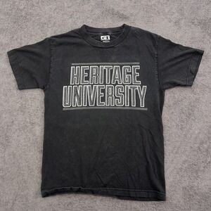 vintage 90s HERITAGE UNIVERSITY  black t-shirt size small spell out logo college